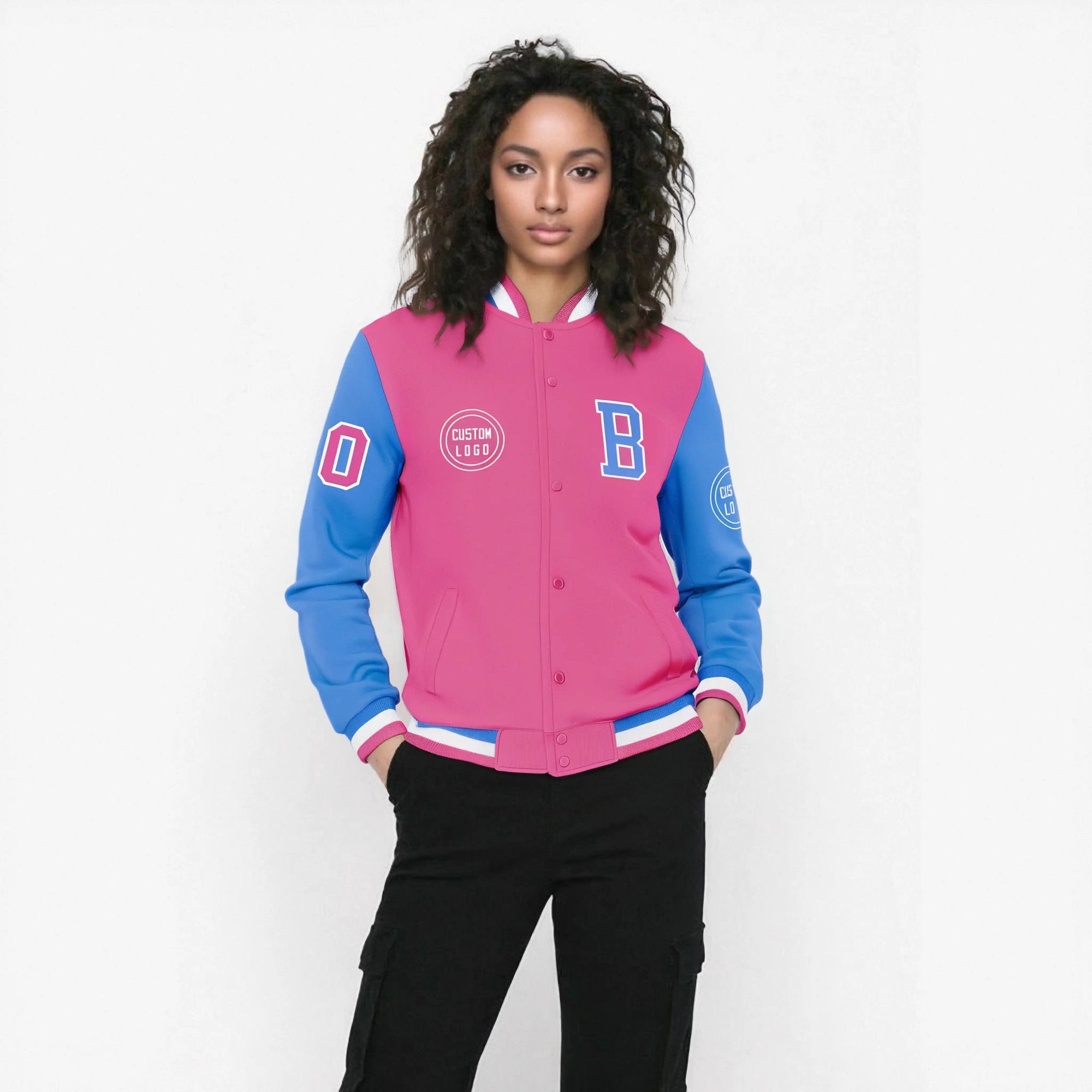 Custom Pink Powder Blue Bomber Full-Snap Varsity Letterman Two Tone Jacket