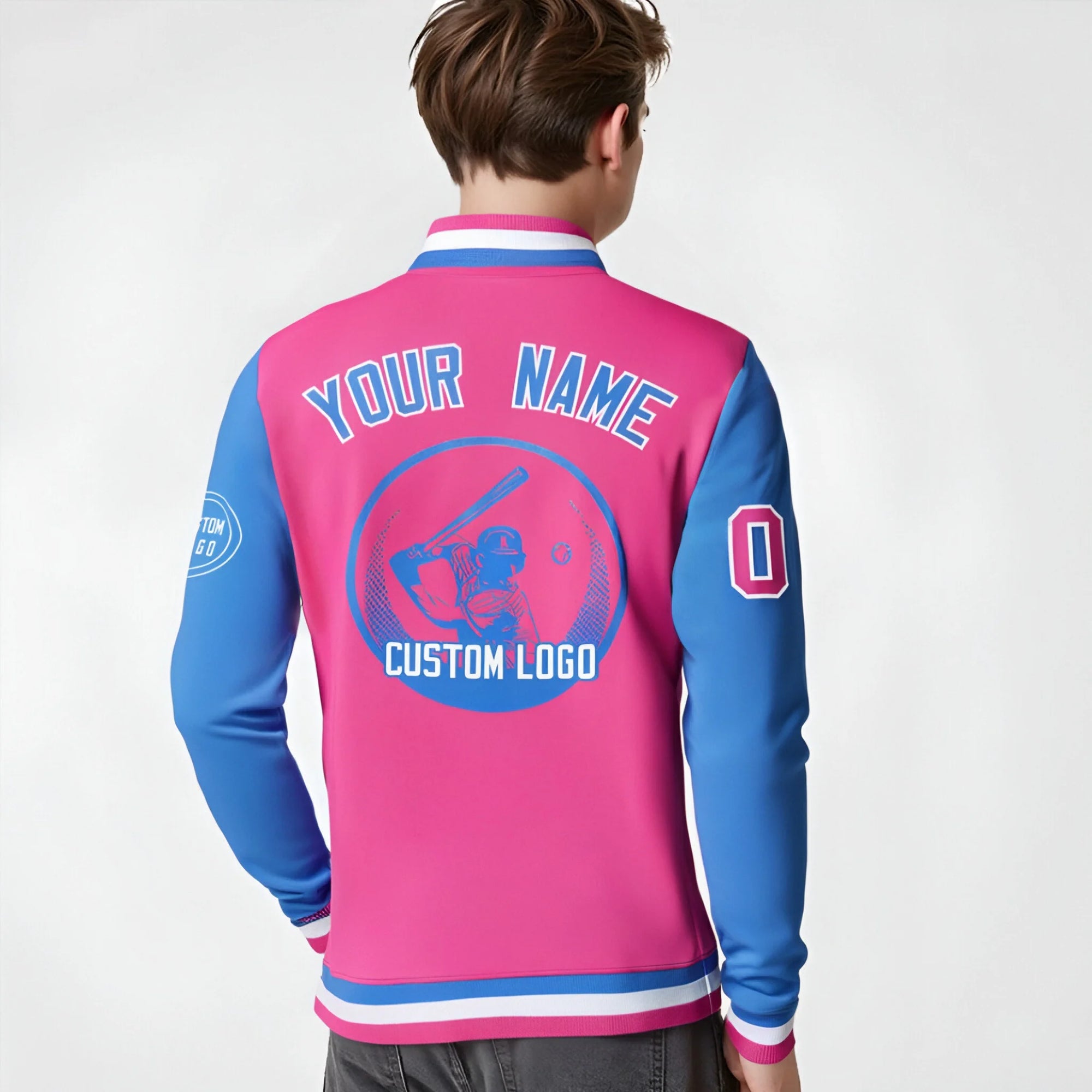 Custom Pink Powder Blue Bomber Full-Snap Varsity Letterman Two Tone Jacket