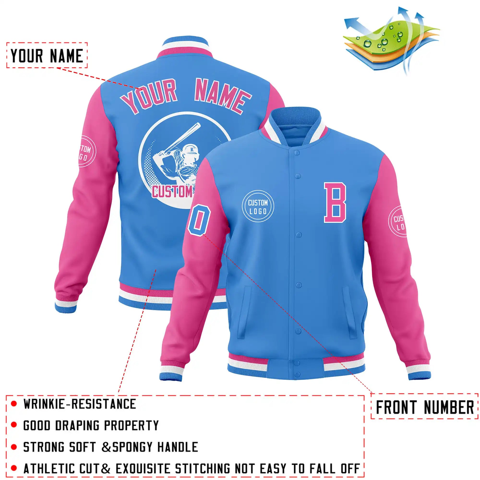 Custom Powder Blue Pink Bomber Full-Snap Varsity Letterman Two Tone Jacket