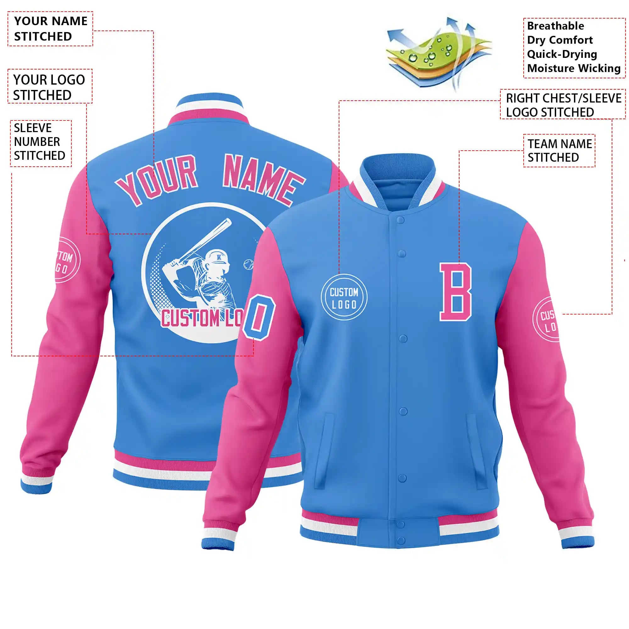 Custom Powder Blue Pink Bomber Full-Snap Varsity Letterman Two Tone Jacket