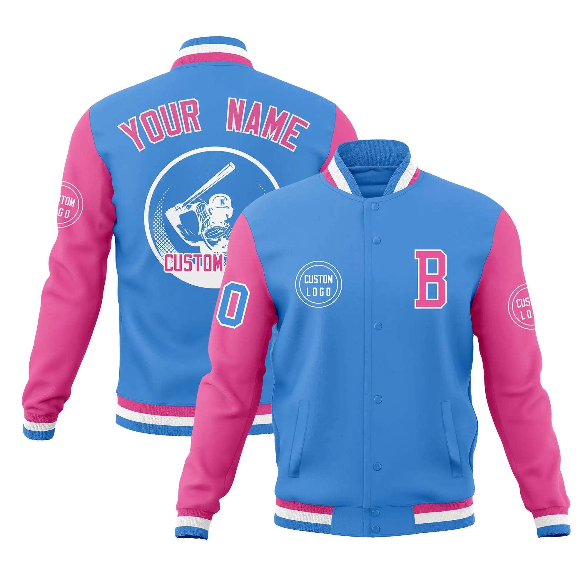 Custom Powder Blue Pink Bomber Full-Snap Varsity Letterman Two Tone Jacket