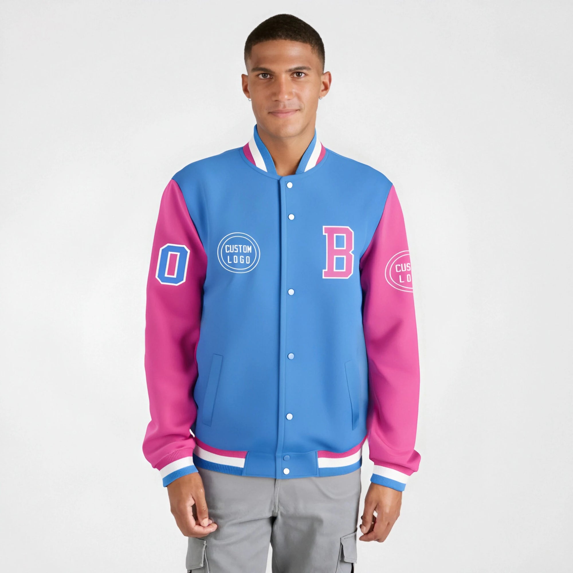 Custom Powder Blue Pink Bomber Full-Snap Varsity Letterman Two Tone Jacket