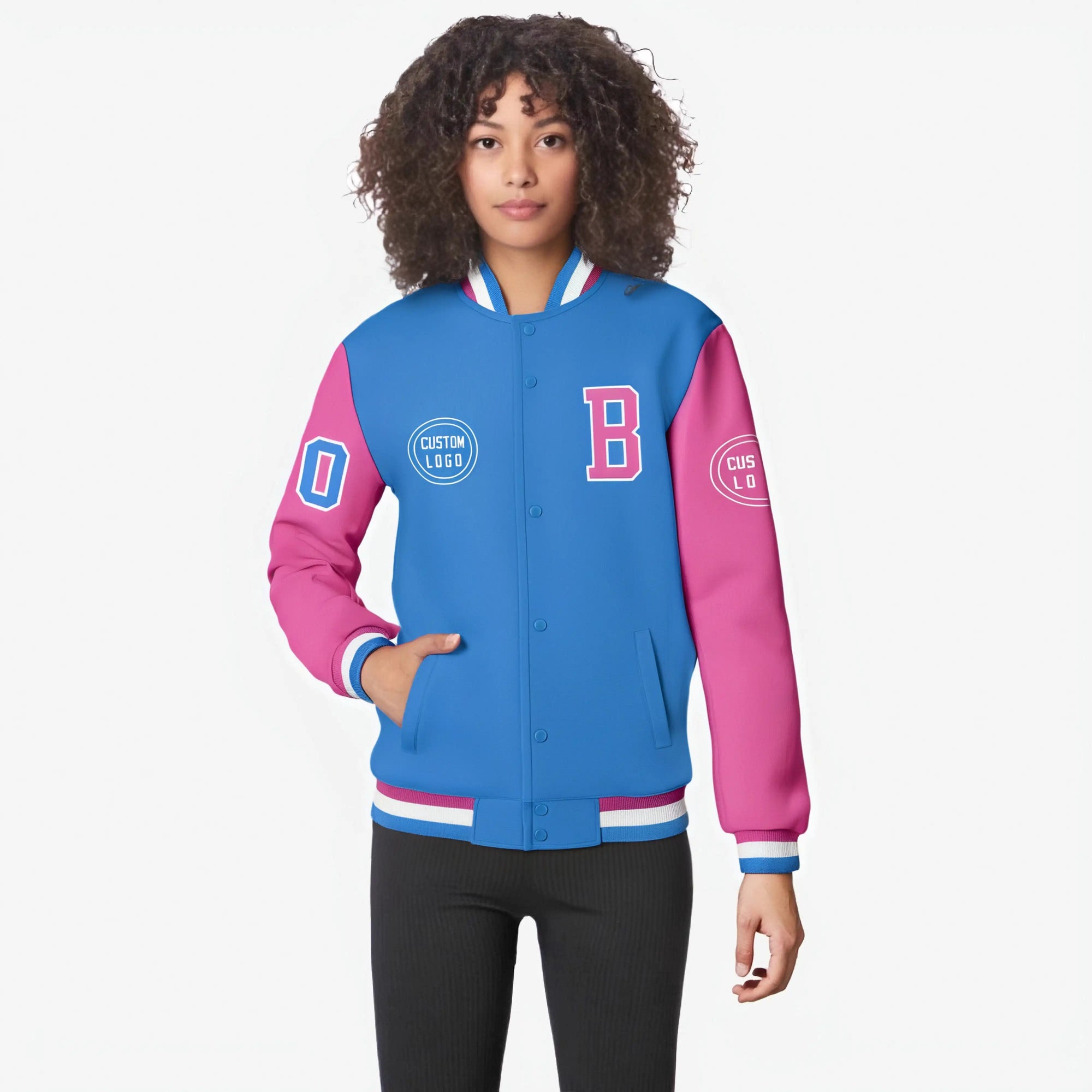 Custom Powder Blue Pink Bomber Full-Snap Varsity Letterman Two Tone Jacket