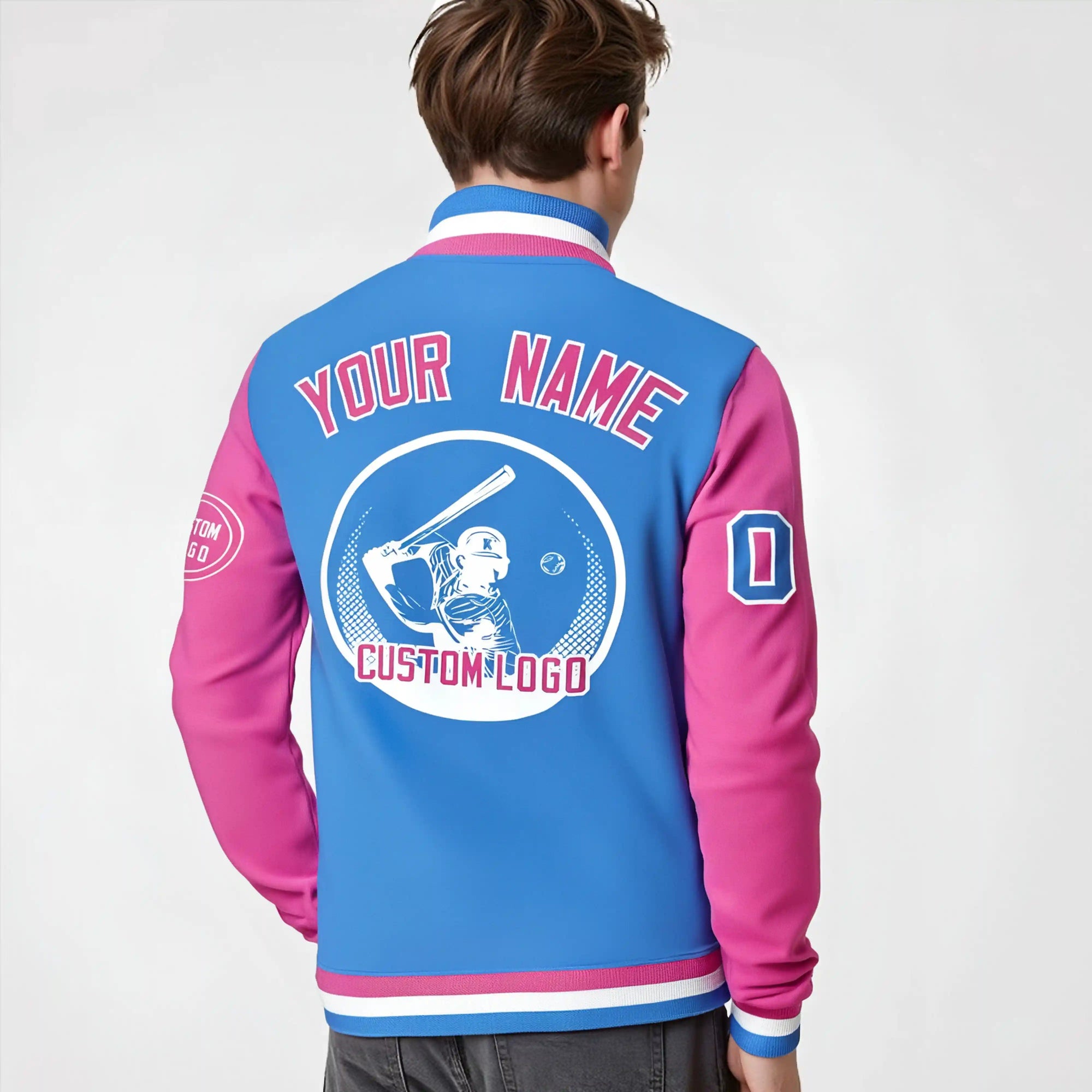 Custom Powder Blue Pink Bomber Full-Snap Varsity Letterman Two Tone Jacket