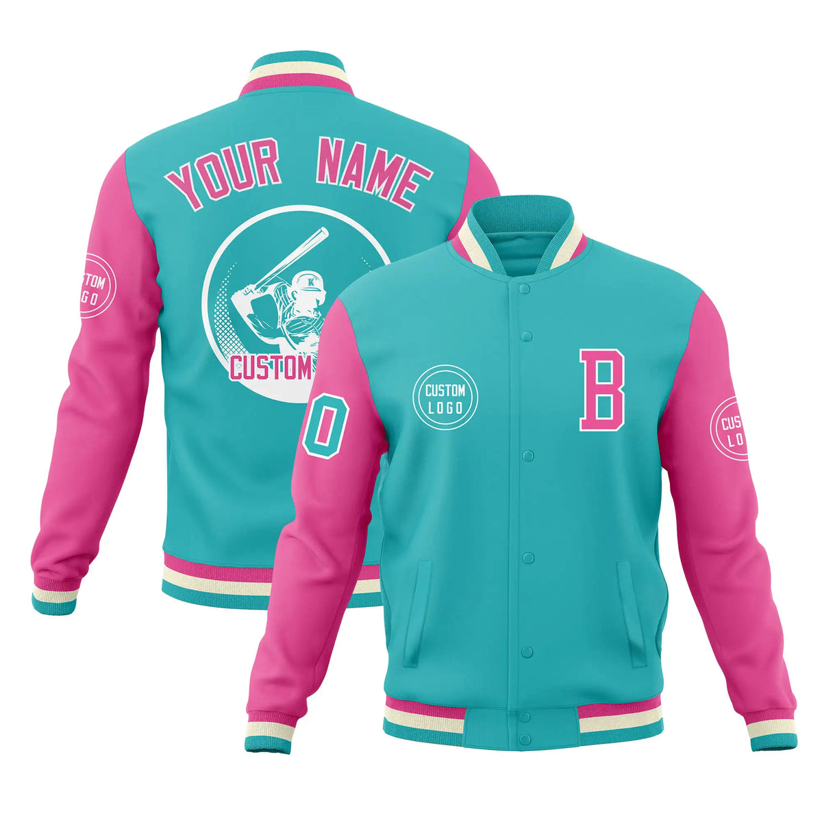 Custom Bright Green Pink Bomber Full-Snap Varsity Letterman Two Tone Jacket