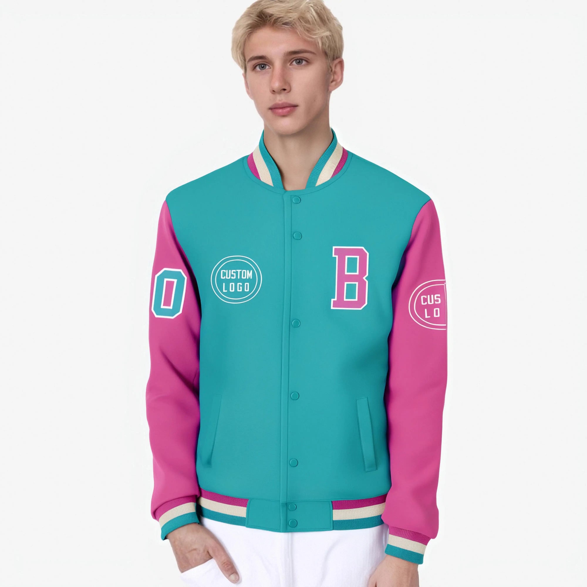 Custom Bright Green Pink Bomber Full-Snap Varsity Letterman Two Tone Jacket