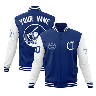 Chaqueta bomber universitaria bicolor azul rey blanca personalizada con cierre de broche completo y estilo Letterman