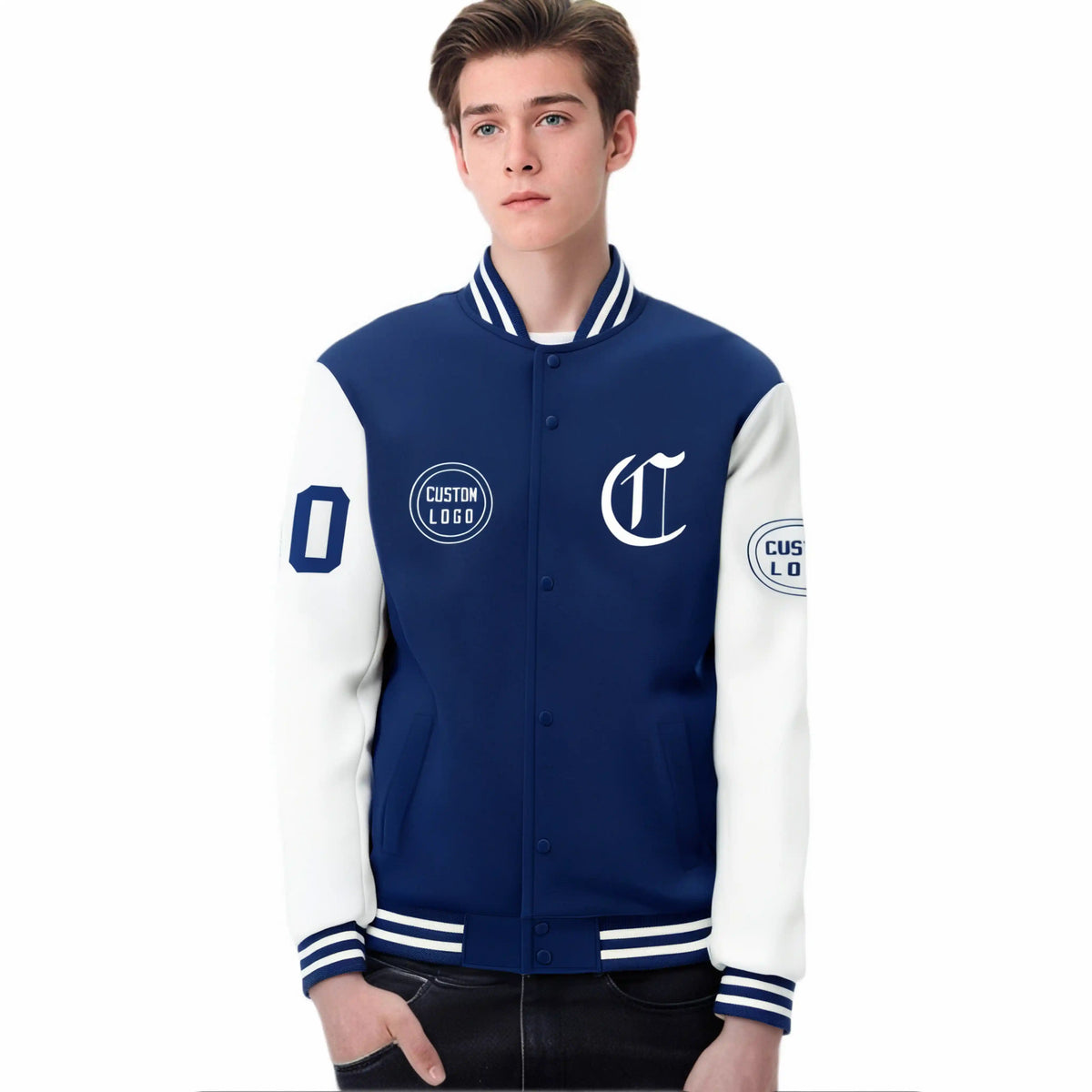 Custom Royal Blue White Bomber Full-Snap Varsity Letterman Two Tone Jacket