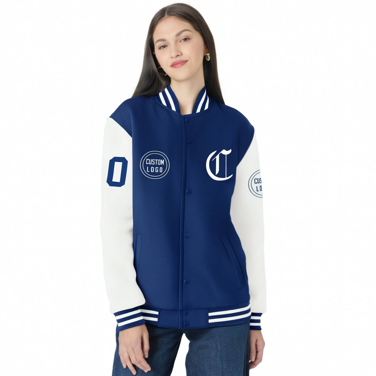 Custom Royal Blue White Bomber Full-Snap Varsity Letterman Two Tone Jacket