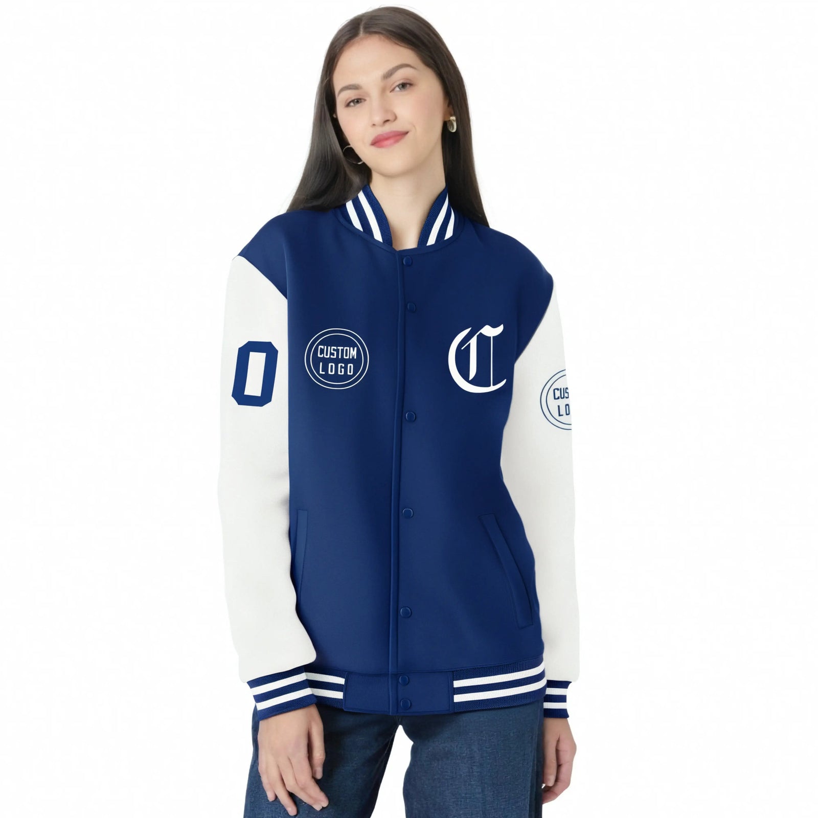 Custom Royal Blue White Bomber Full-Snap Varsity Letterman Two Tone Jacket