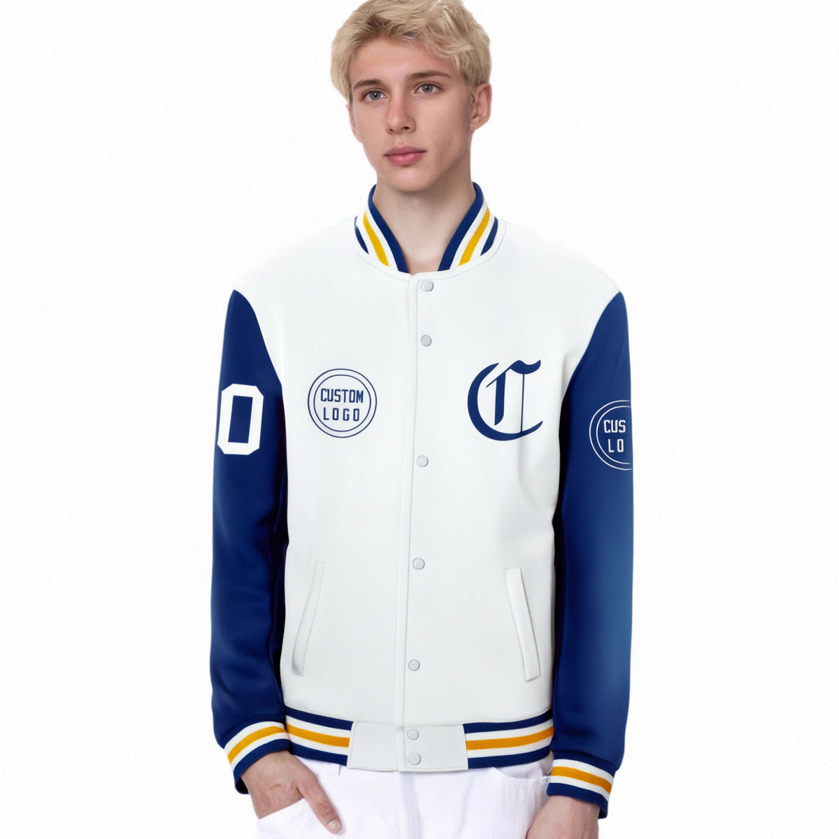 Custom White Royal Blue Bomber Full-Snap Varsity Letterman Two Tone Jacket