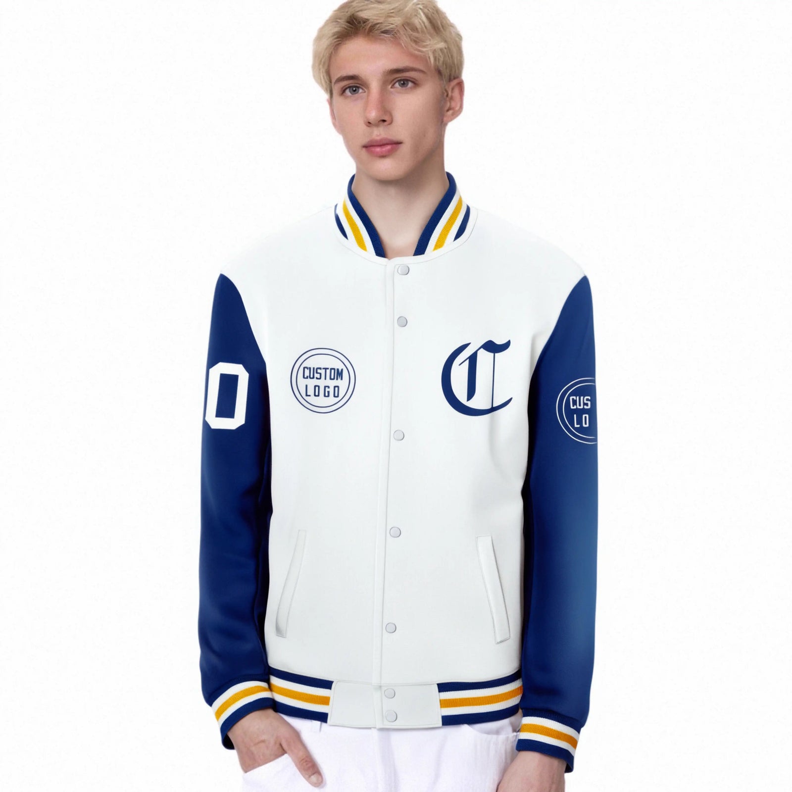 Custom White Royal Blue Bomber Full-Snap Varsity Letterman Two Tone Jacket