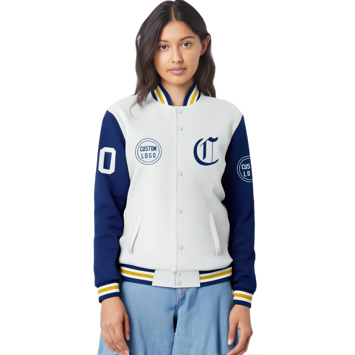 Custom White Royal Blue Bomber Full-Snap Varsity Letterman Two Tone Jacket