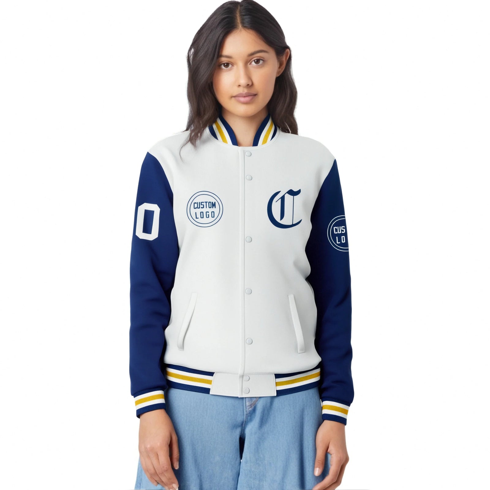 Custom White Royal Blue Bomber Full-Snap Varsity Letterman Two Tone Jacket