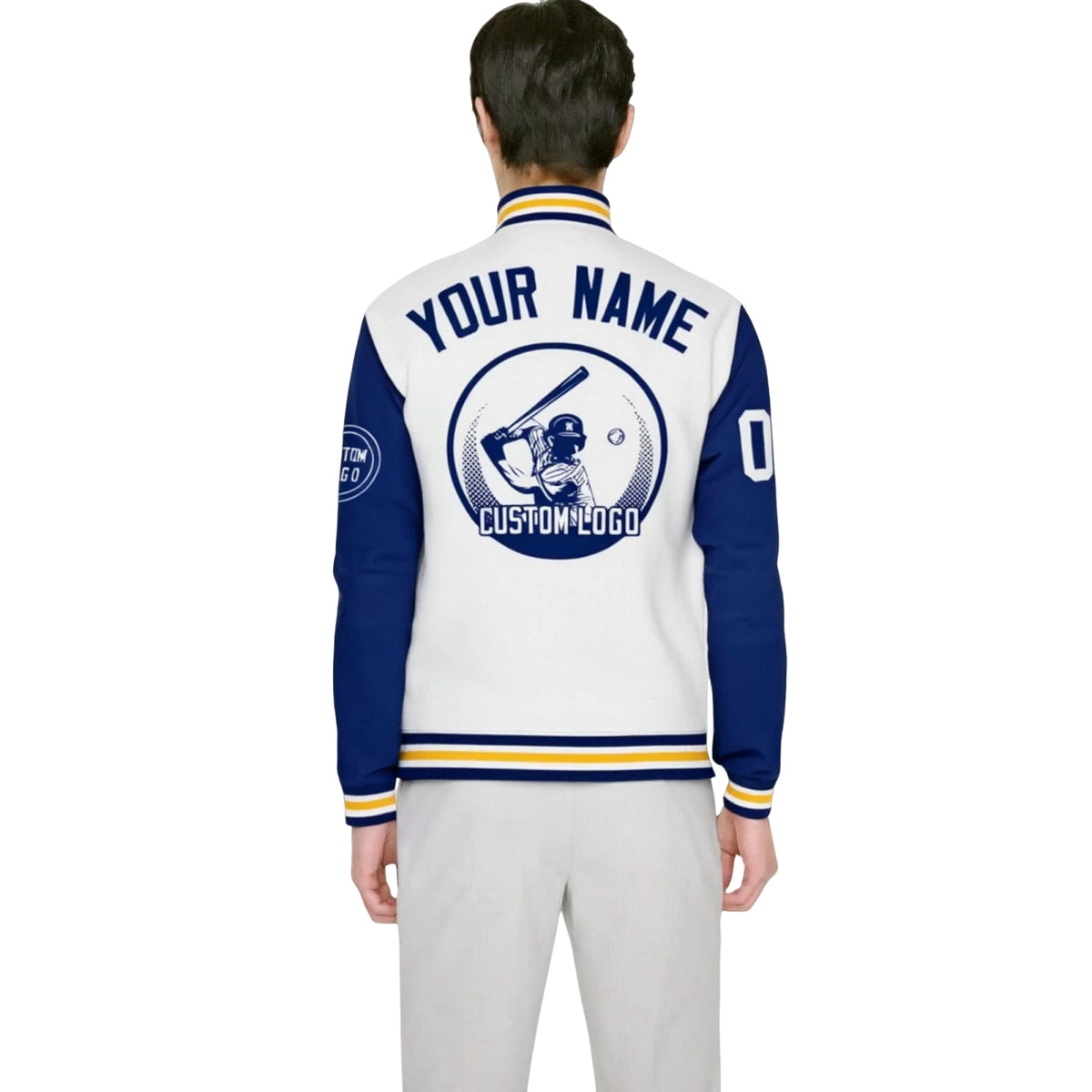 Custom White Royal Blue Bomber Full-Snap Varsity Letterman Two Tone Jacket