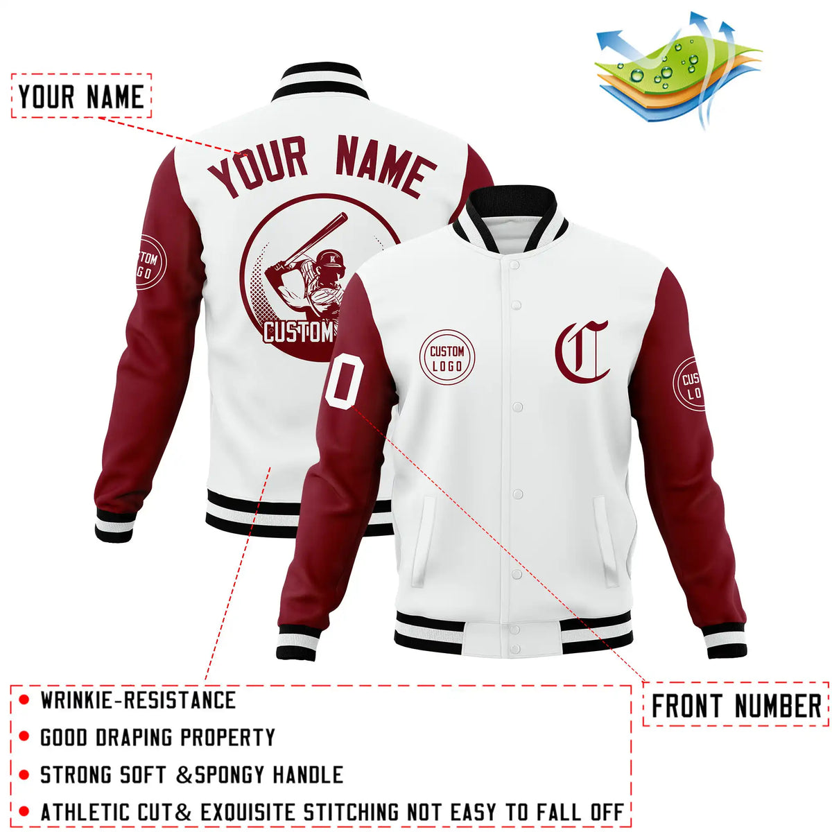 Custom White Crimson Bomber Full-Snap Varsity Letterman Two Tone Jacket