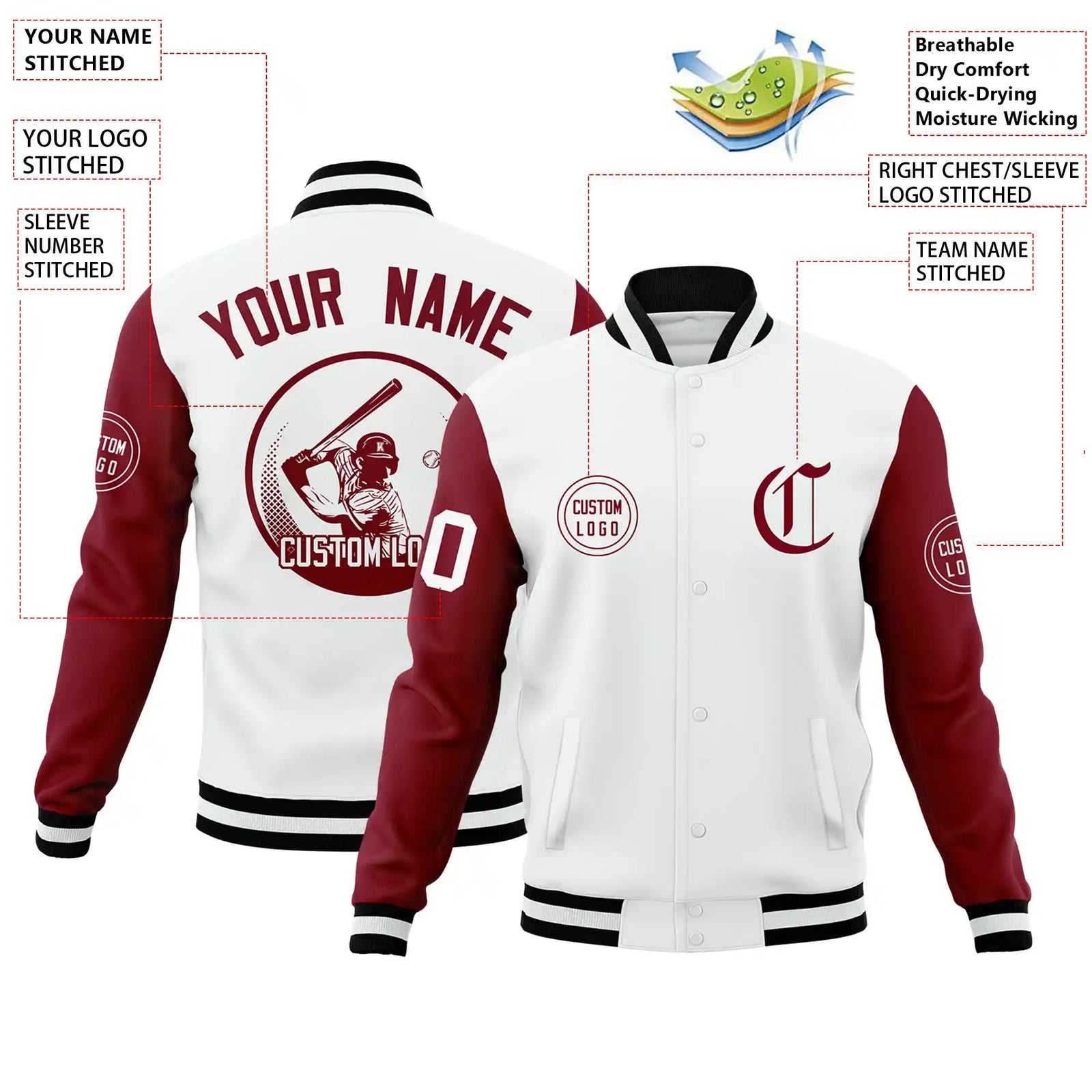Custom White Crimson Bomber Full-Snap Varsity Letterman Two Tone Jacket