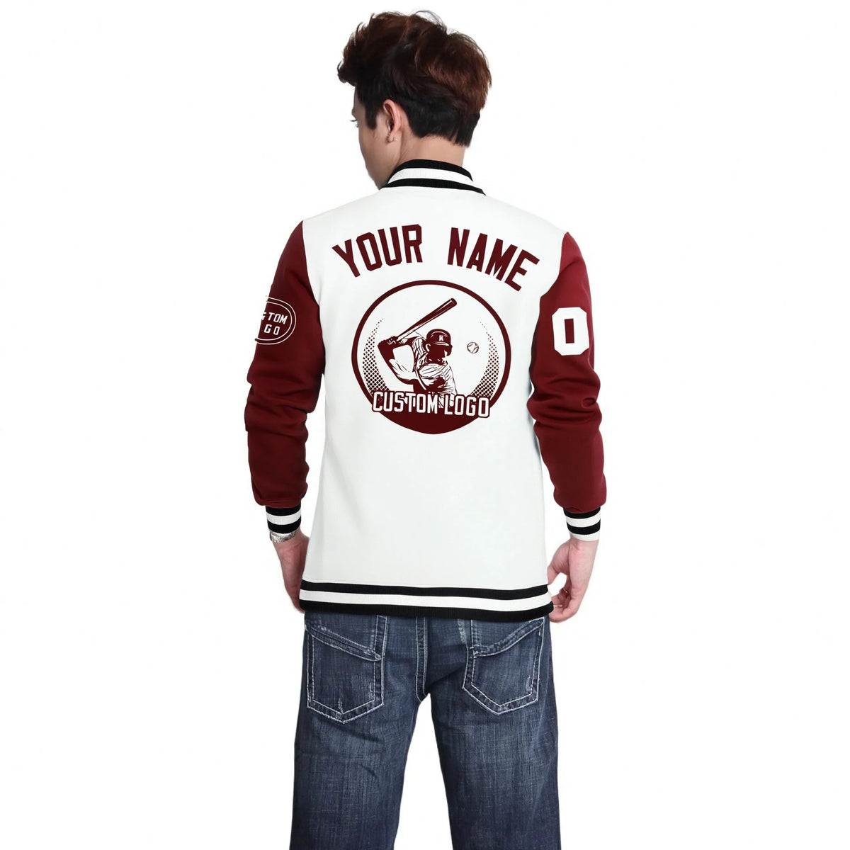 Custom White Crimson Bomber Full-Snap Varsity Letterman Two Tone Jacket
