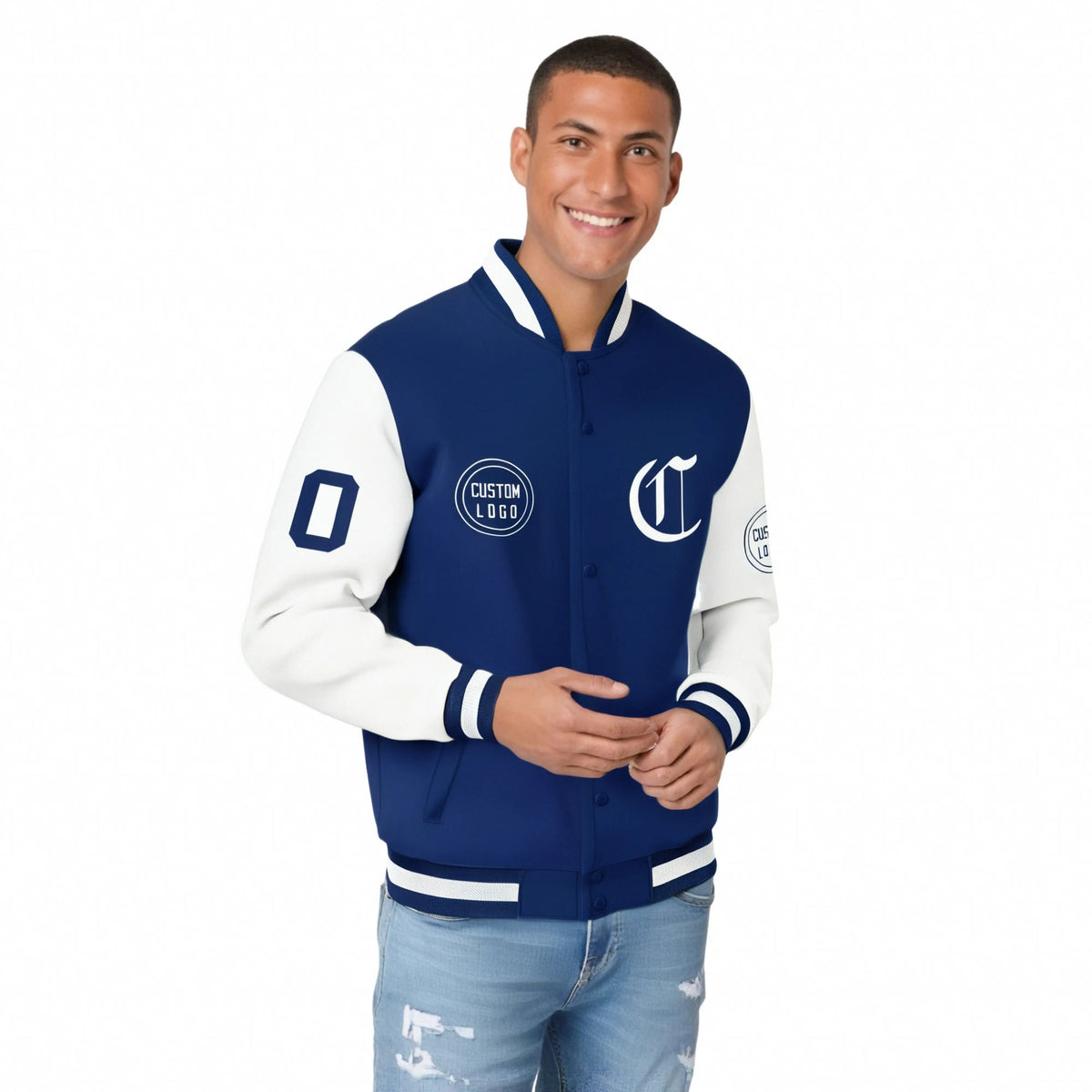 Custom Royal Blue White Bomber Full-Snap Varsity Letterman Two Tone Jacket
