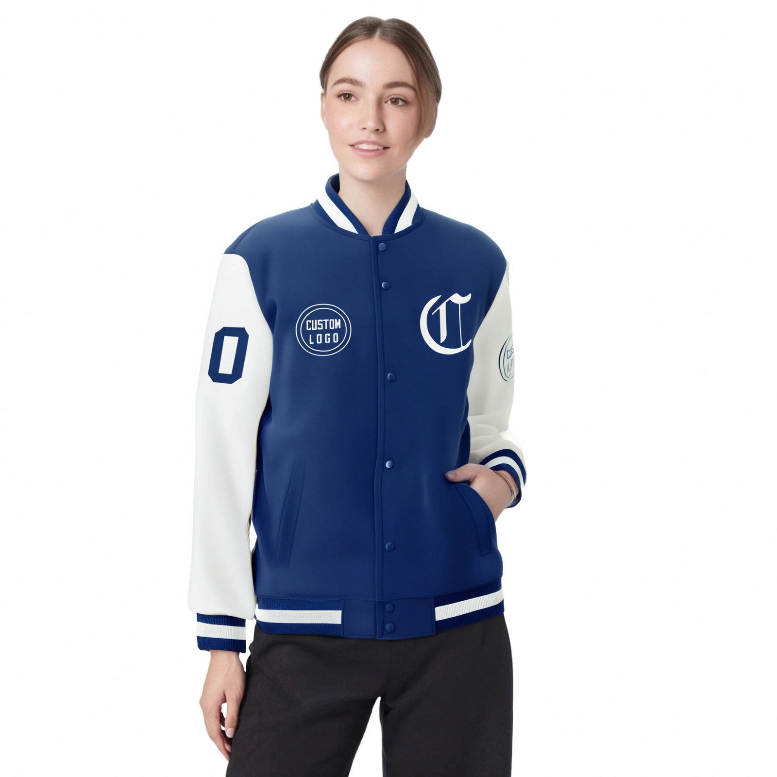 Custom Royal Blue White Bomber Full-Snap Varsity Letterman Two Tone Jacket
