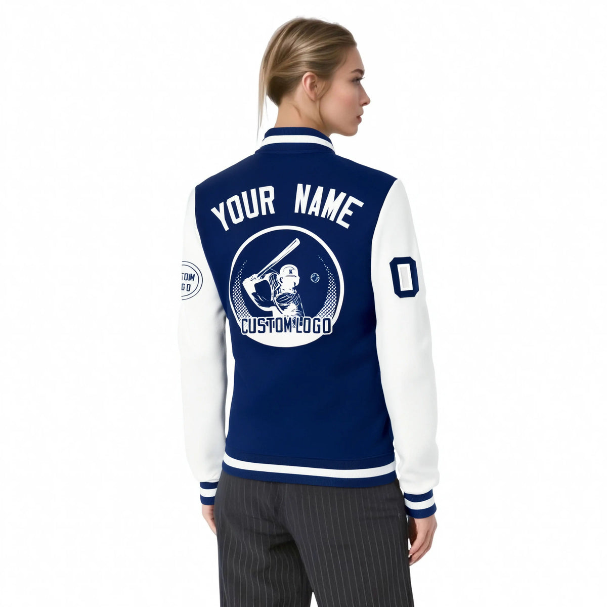 Custom Royal Blue White Bomber Full-Snap Varsity Letterman Two Tone Jacket
