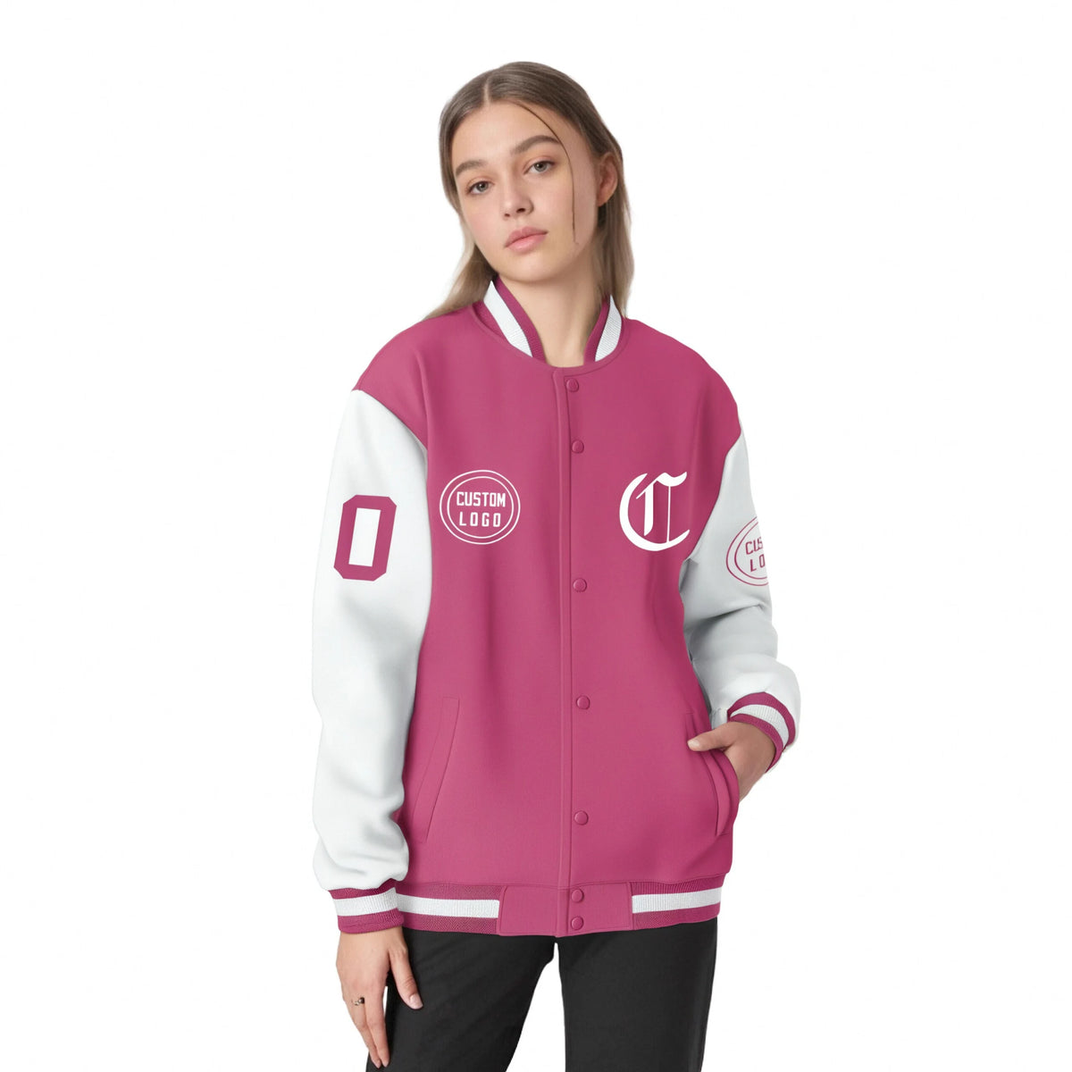 Custom Pink White Bomber Full-Snap Varsity Letterman Two Tone Jacket