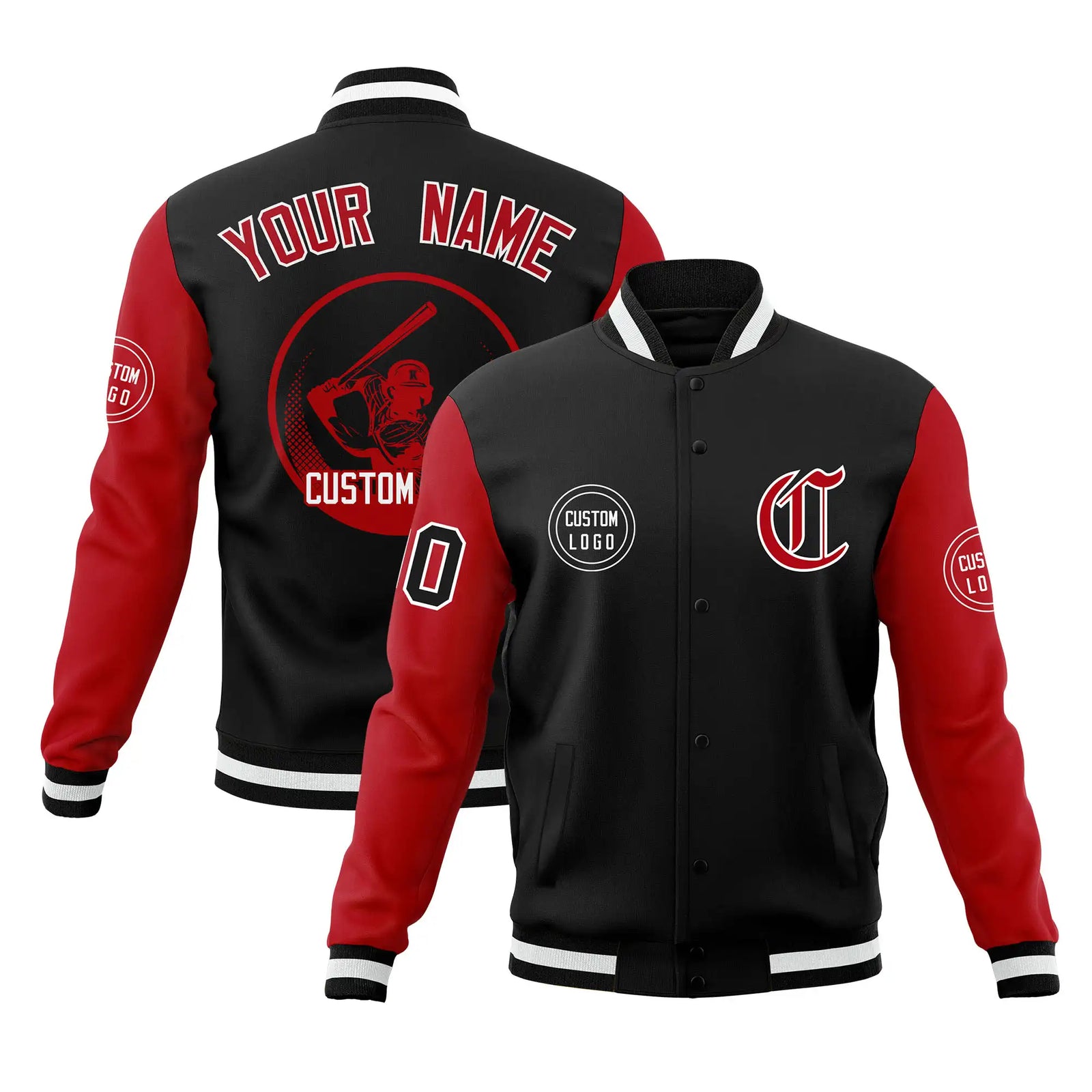 Custom Black Red Bomber Full-Snap Varsity Letterman Two Tone Jacket