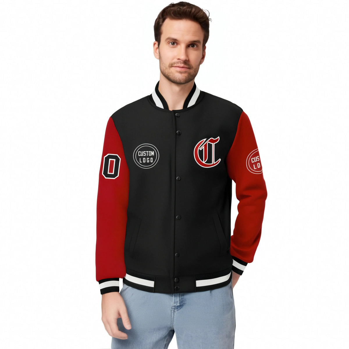 Custom Black Red Bomber Full-Snap Varsity Letterman Two Tone Jacket