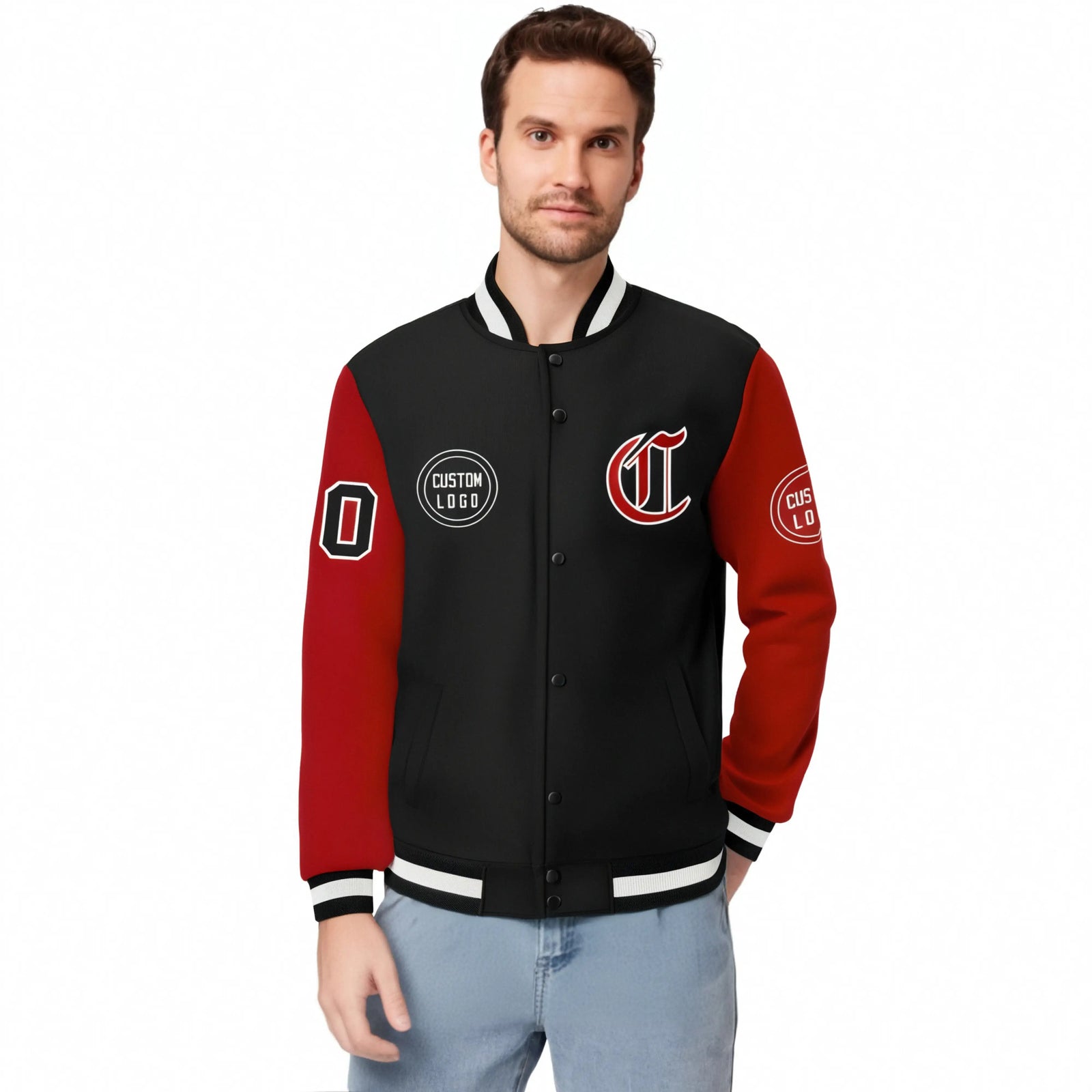 Custom Black Red Bomber Full-Snap Varsity Letterman Two Tone Jacket