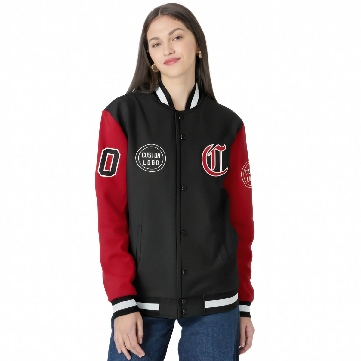 Custom Black Red Bomber Full-Snap Varsity Letterman Two Tone Jacket