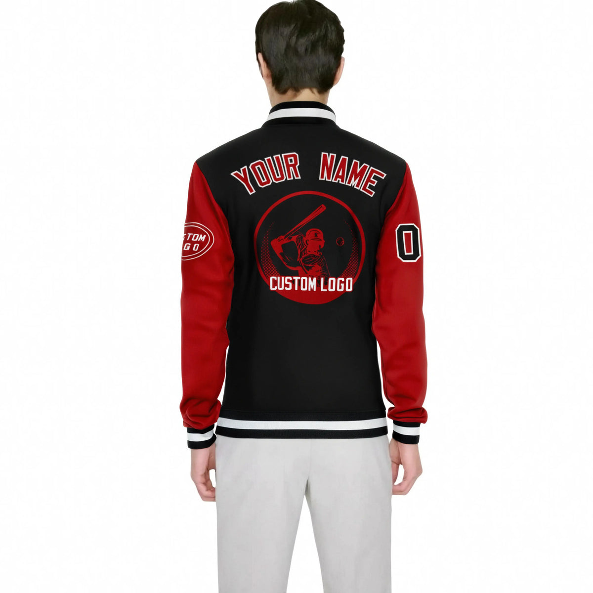 Custom Black Red Bomber Full-Snap Varsity Letterman Two Tone Jacket