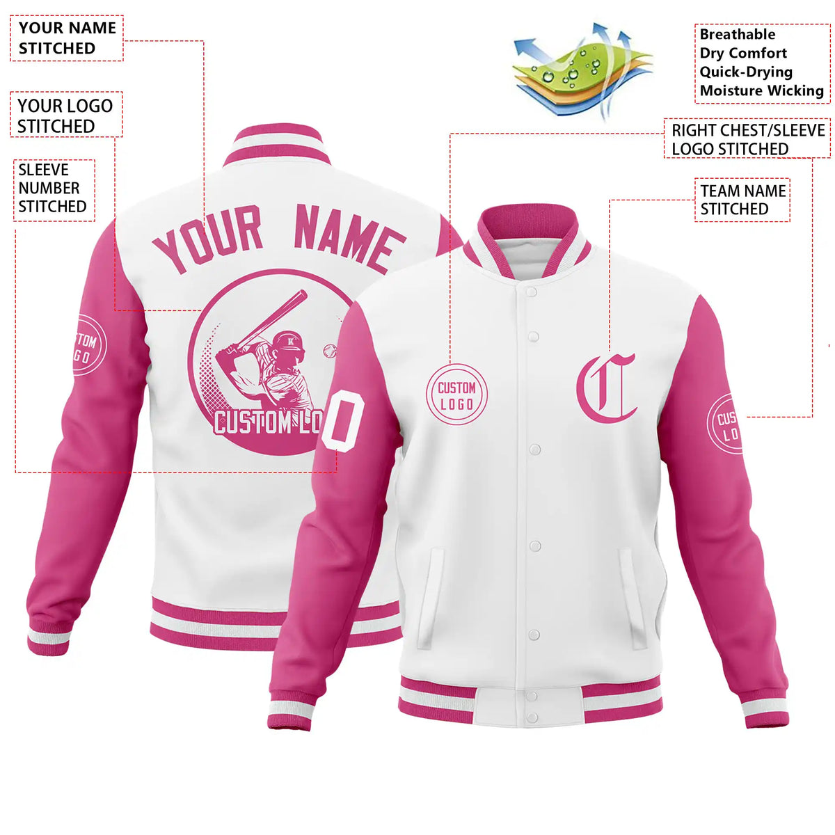 Custom White Pink Bomber Full-Snap Varsity Letterman Two Tone Jacket