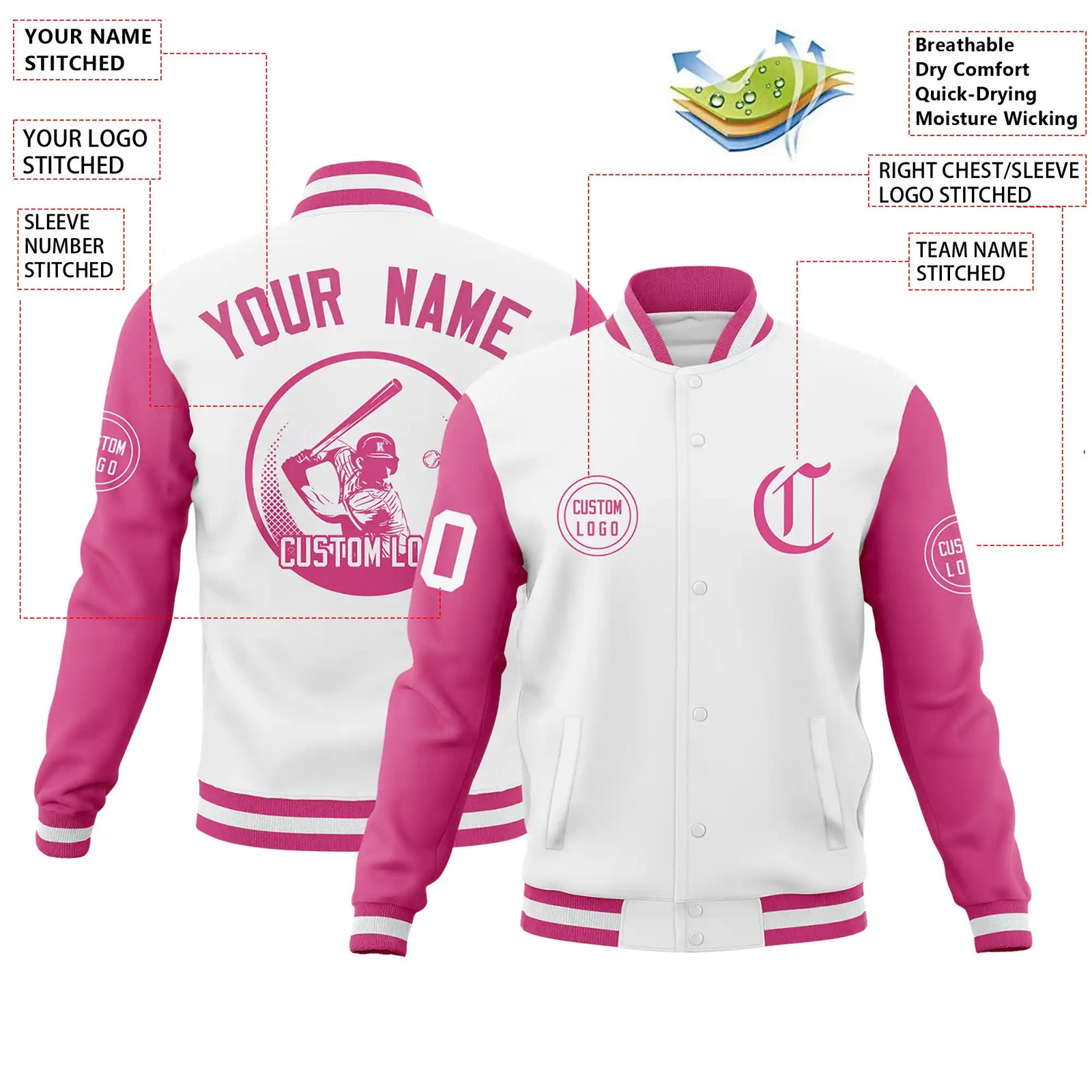 Custom White Pink Bomber Full-Snap Varsity Letterman Two Tone Jacket