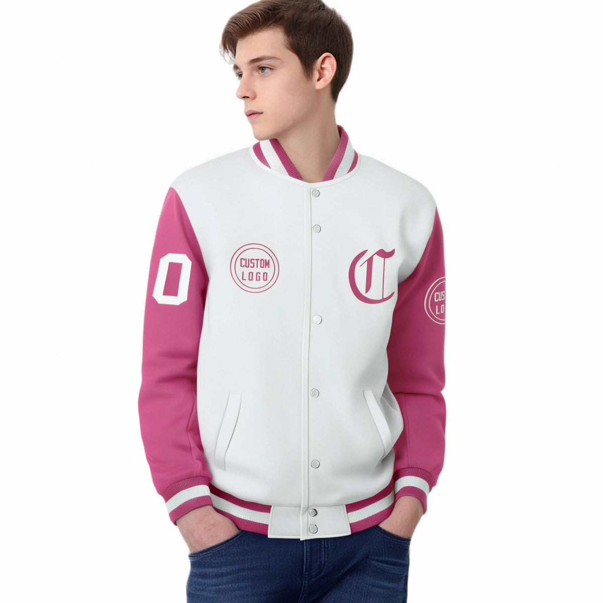 Custom White Pink Bomber Full-Snap Varsity Letterman Two Tone Jacket