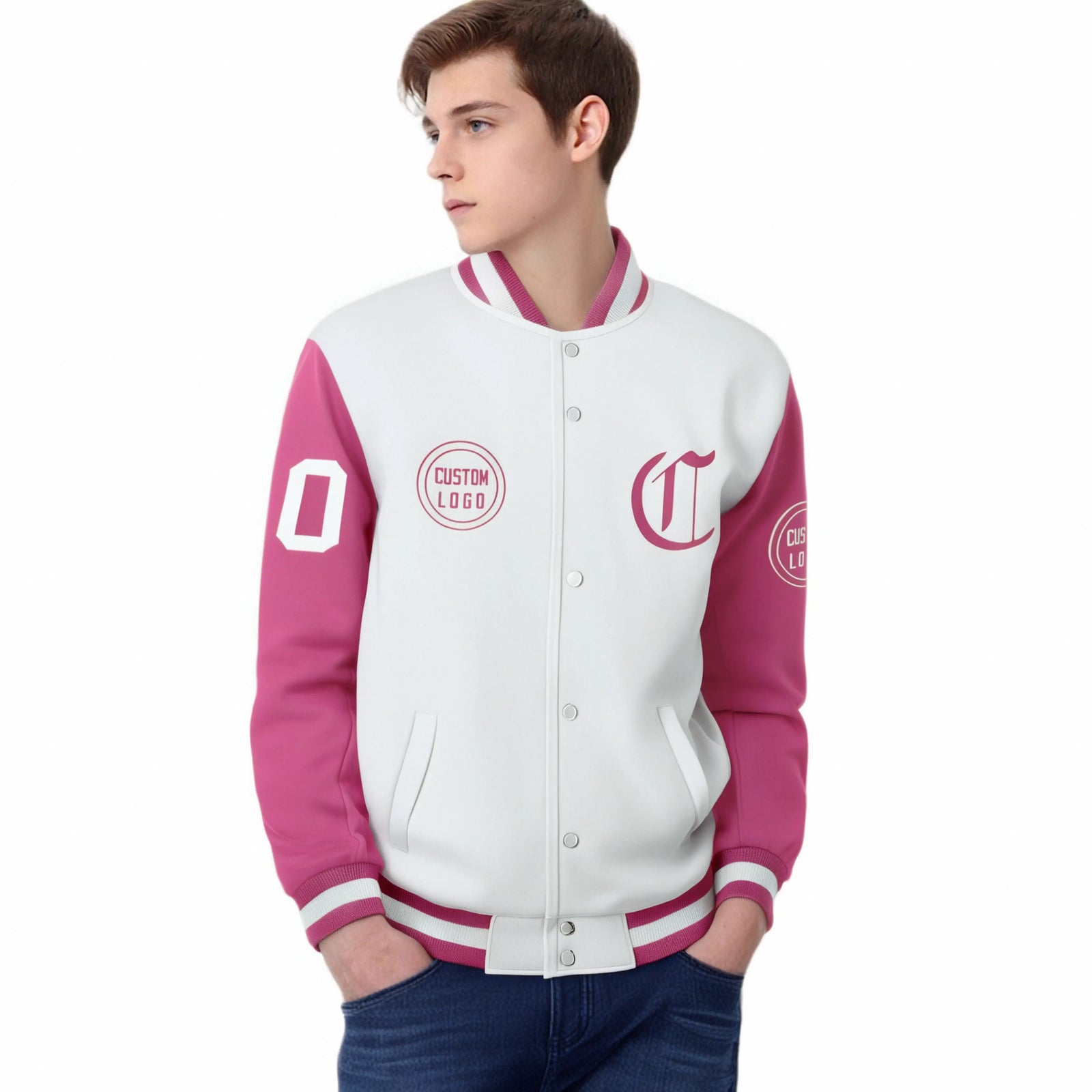 Custom White Pink Bomber Full-Snap Varsity Letterman Two Tone Jacket