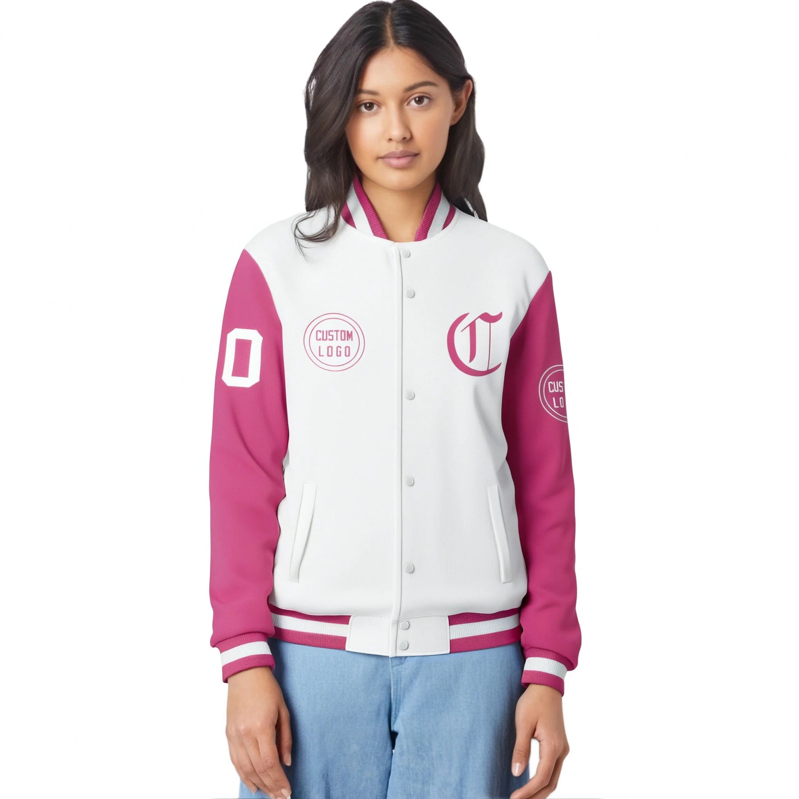 Custom White Pink Bomber Full-Snap Varsity Letterman Two Tone Jacket