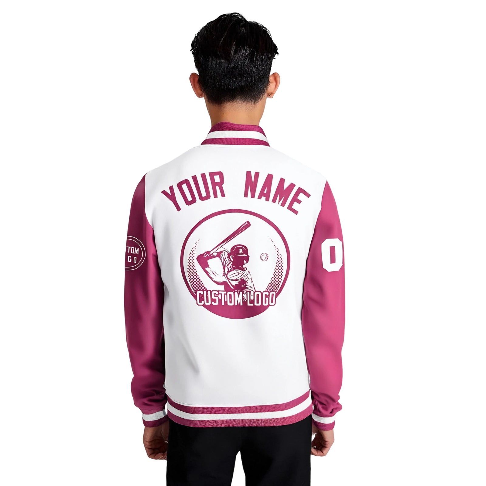 Custom White Pink Bomber Full-Snap Varsity Letterman Two Tone Jacket