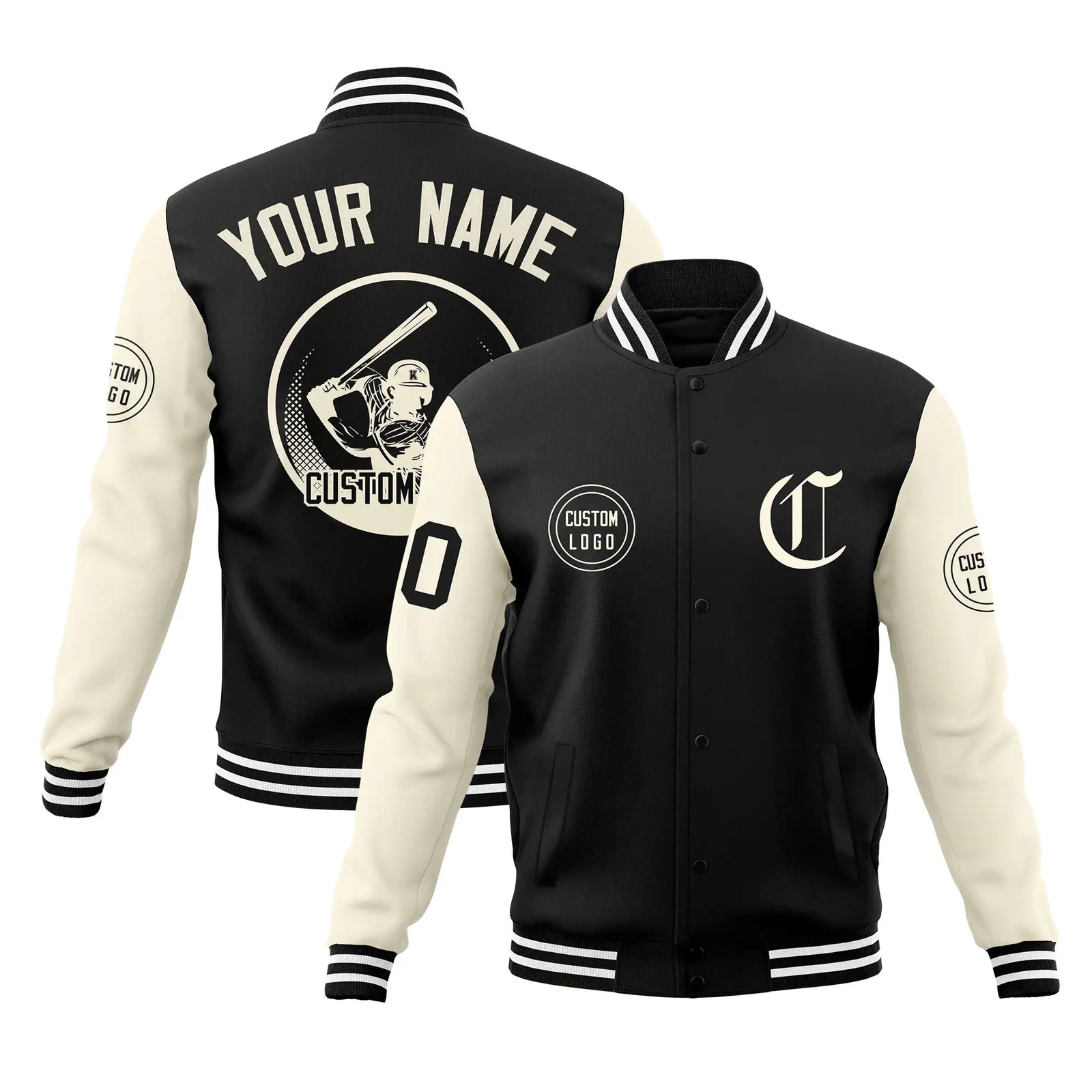 Custom Black Cream Bomber Full-Snap Varsity Letterman Two Tone Jacket