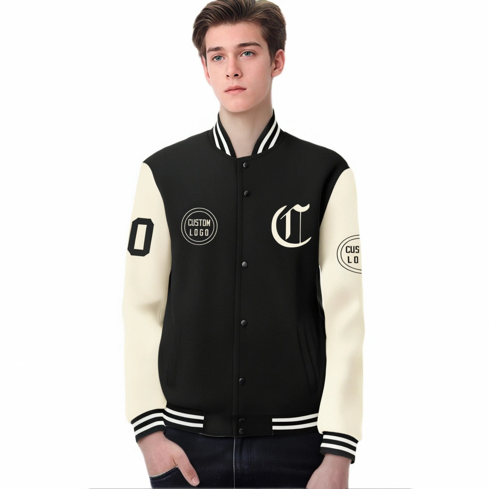 Custom Black Cream Bomber Full-Snap Varsity Letterman Two Tone Jacket