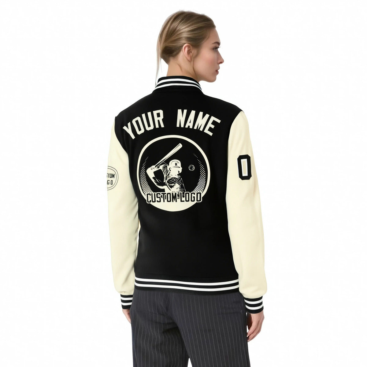 Custom Black Cream Bomber Full-Snap Varsity Letterman Two Tone Jacket