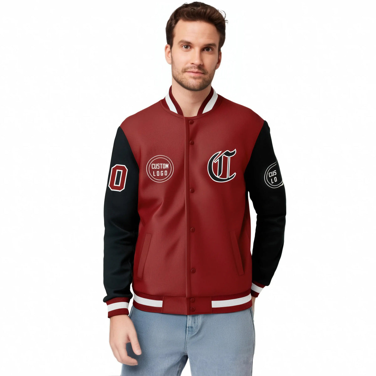 Custom Red Black Bomber Full-Snap Varsity Letterman Two Tone Jacket