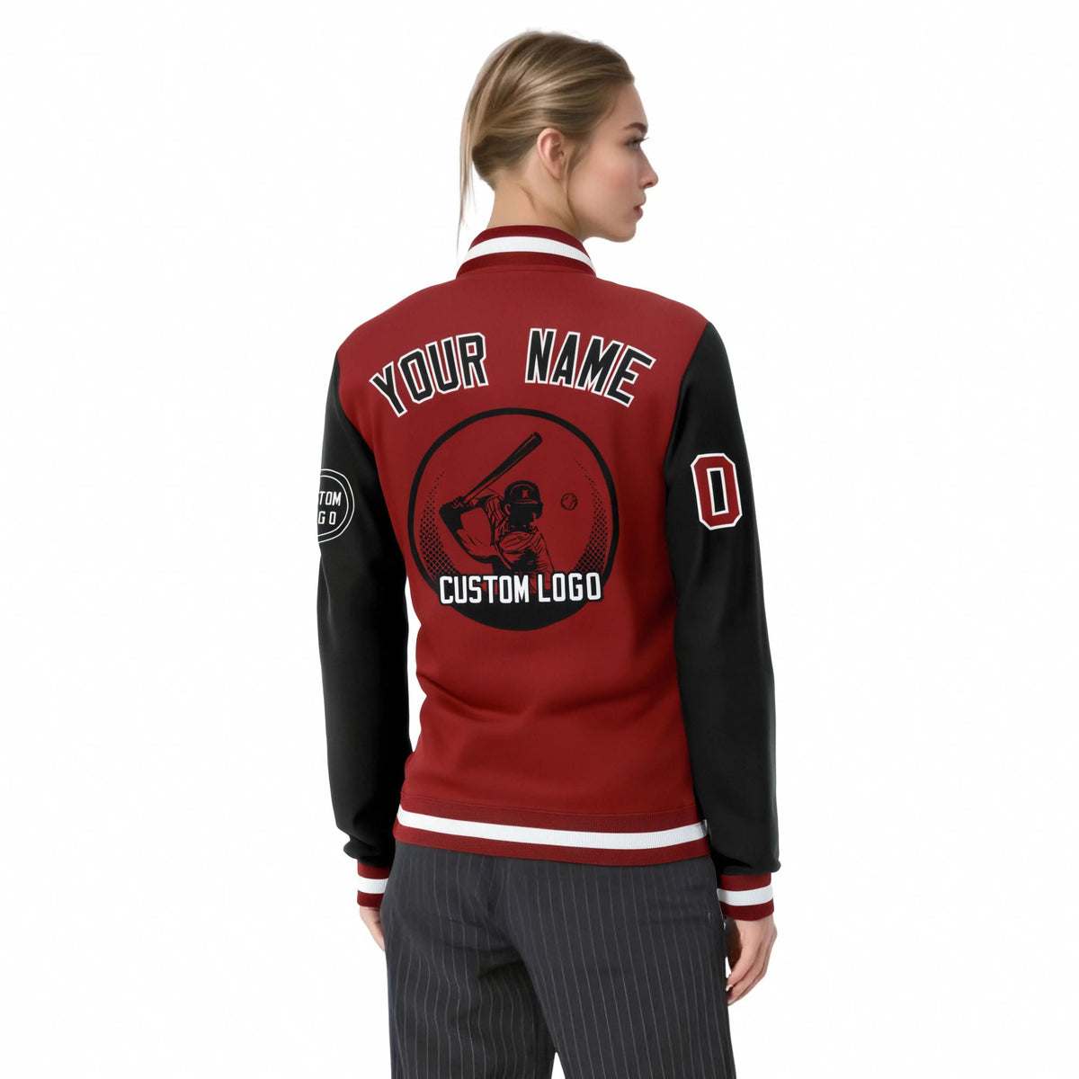 Custom Red Black Bomber Full-Snap Varsity Letterman Two Tone Jacket