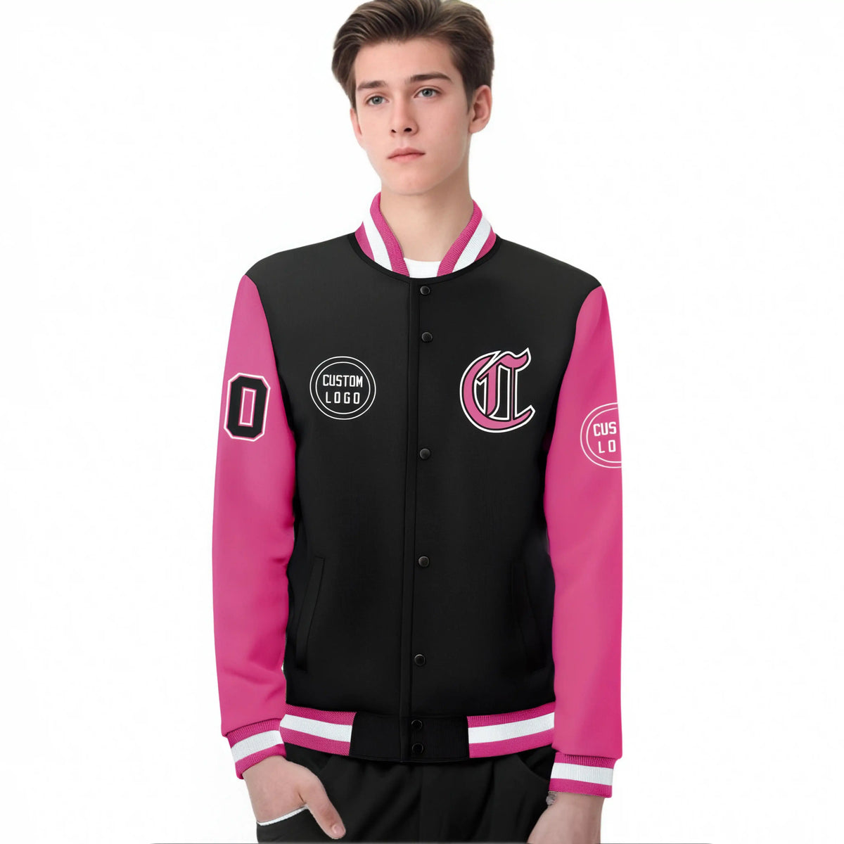 Custom Black Pink Bomber Full-Snap Varsity Letterman Two Tone Jacket