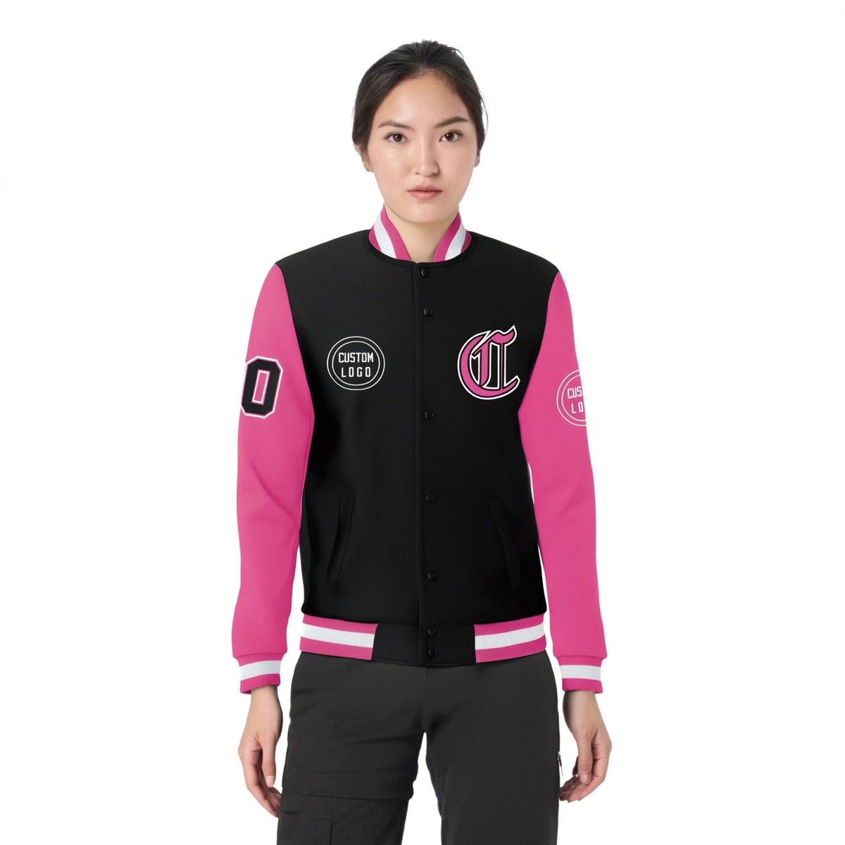 Custom Black Pink Bomber Full-Snap Varsity Letterman Two Tone Jacket