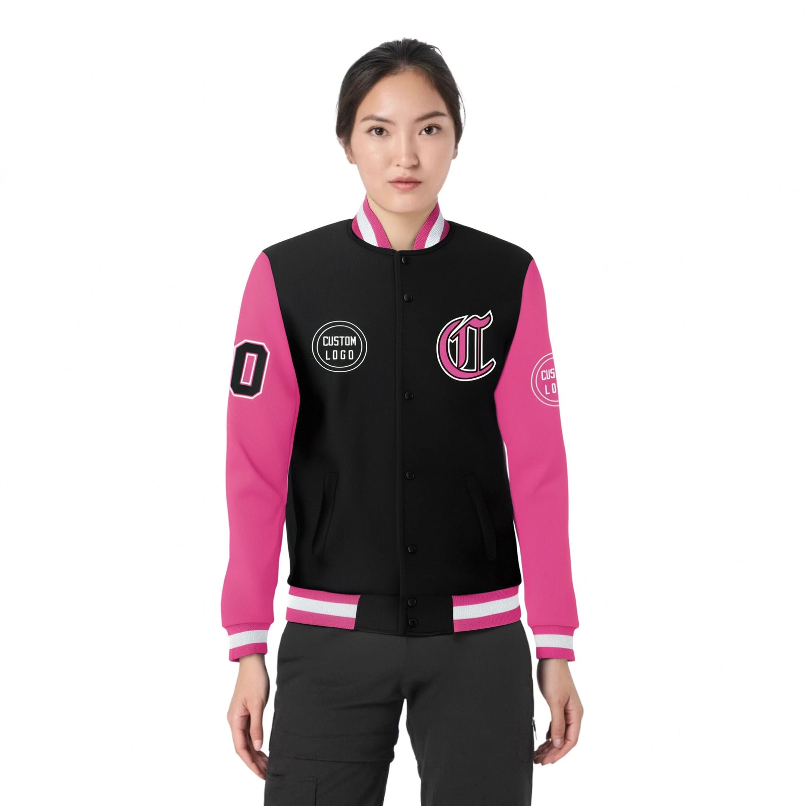 Custom Black Pink Bomber Full-Snap Varsity Letterman Two Tone Jacket