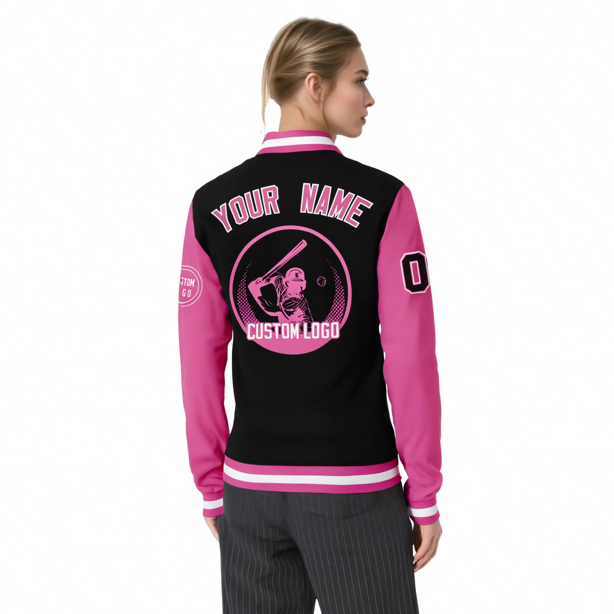 Custom Black Pink Bomber Full-Snap Varsity Letterman Two Tone Jacket