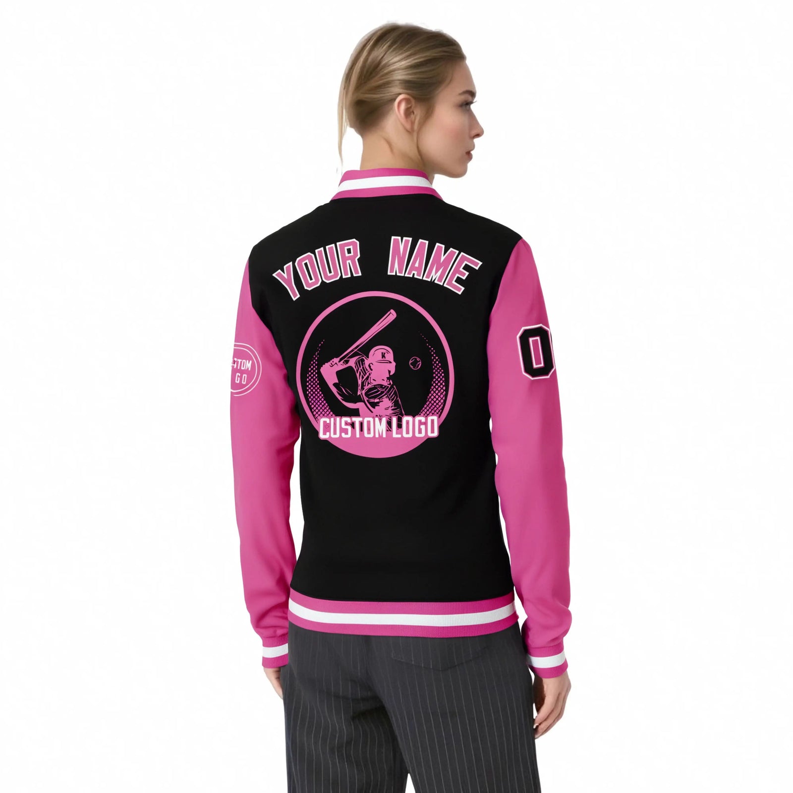 Custom Black Pink Bomber Full-Snap Varsity Letterman Two Tone Jacket
