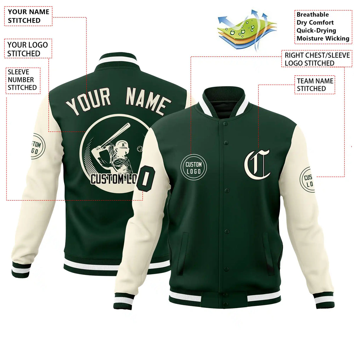 Custom Green Cream Bomber Full-Snap Varsity Letterman Two Tone Jacket