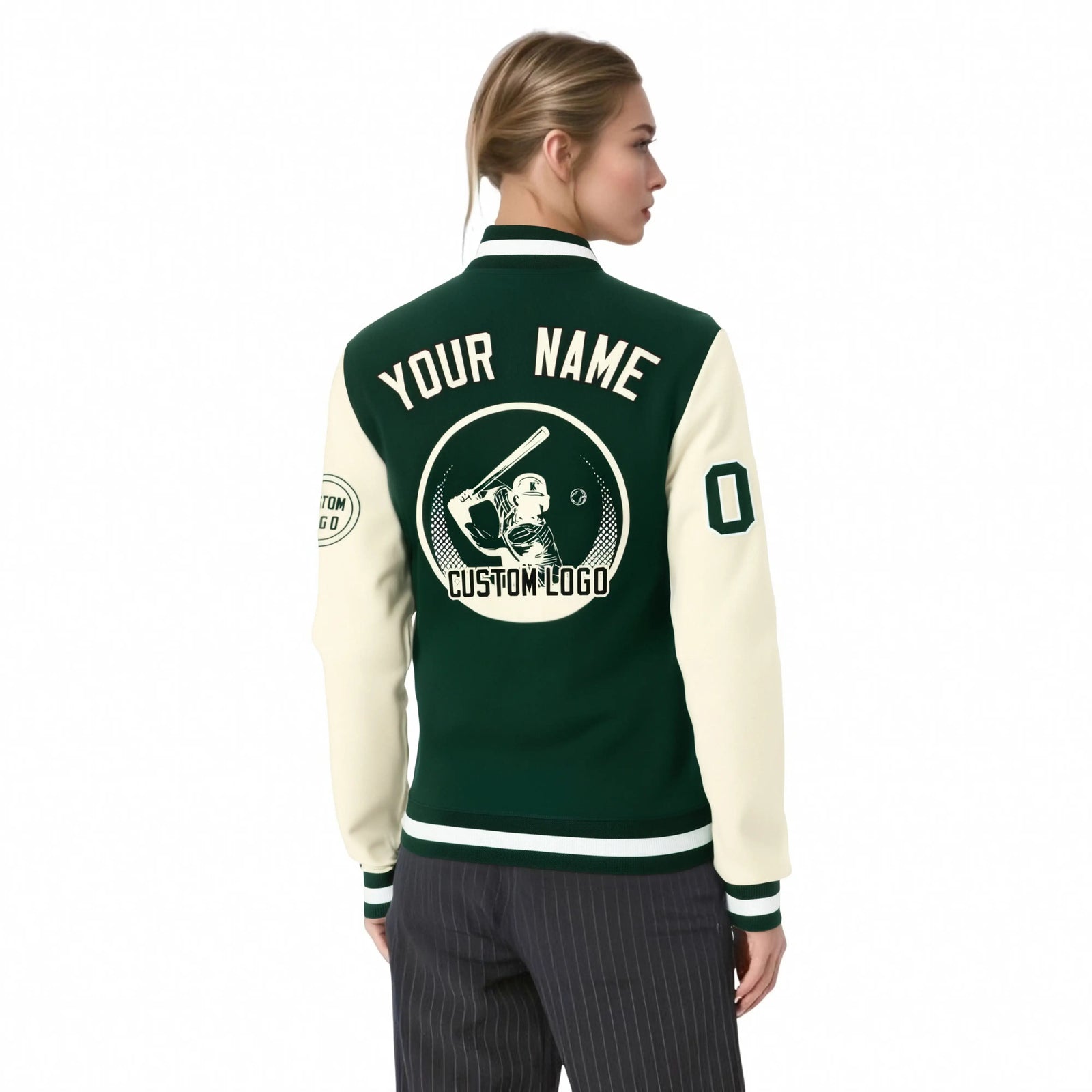 Custom Green Cream Bomber Full-Snap Varsity Letterman Two Tone Jacket