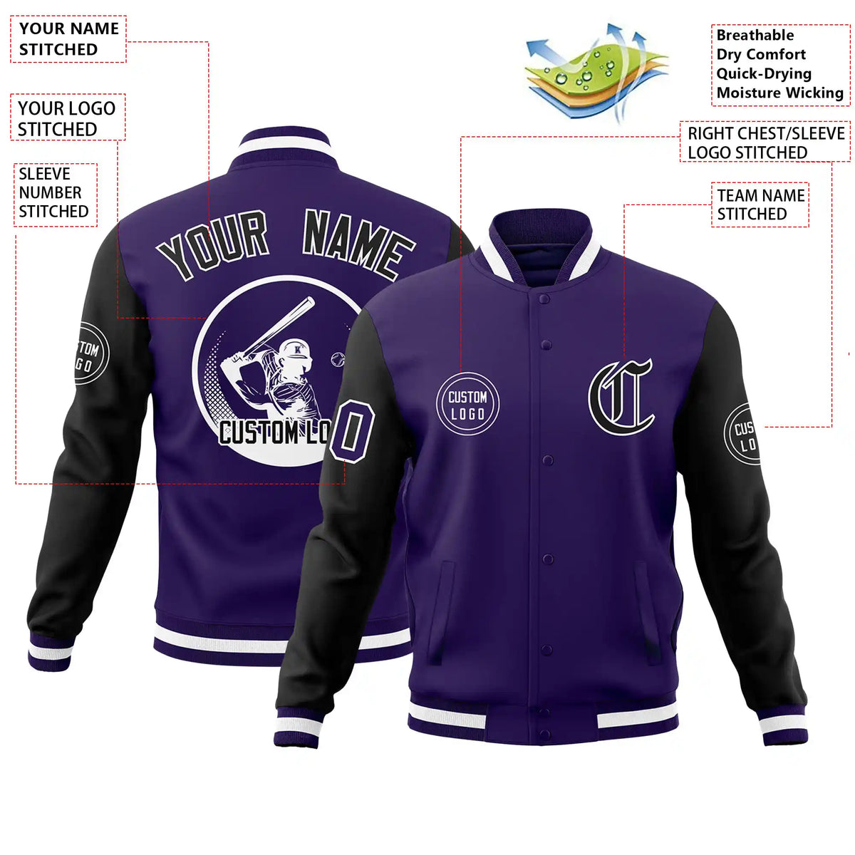 Custom Purple Black Bomber Full-Snap Varsity Letterman Two Tone Jacket